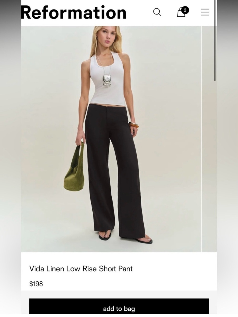 Reformation black linen low rise Vida pant size 4 short length